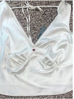Wild Fable Ivory Satin Sleeveless V Neck Tie Back Rosette Tank Top Large | NWT
